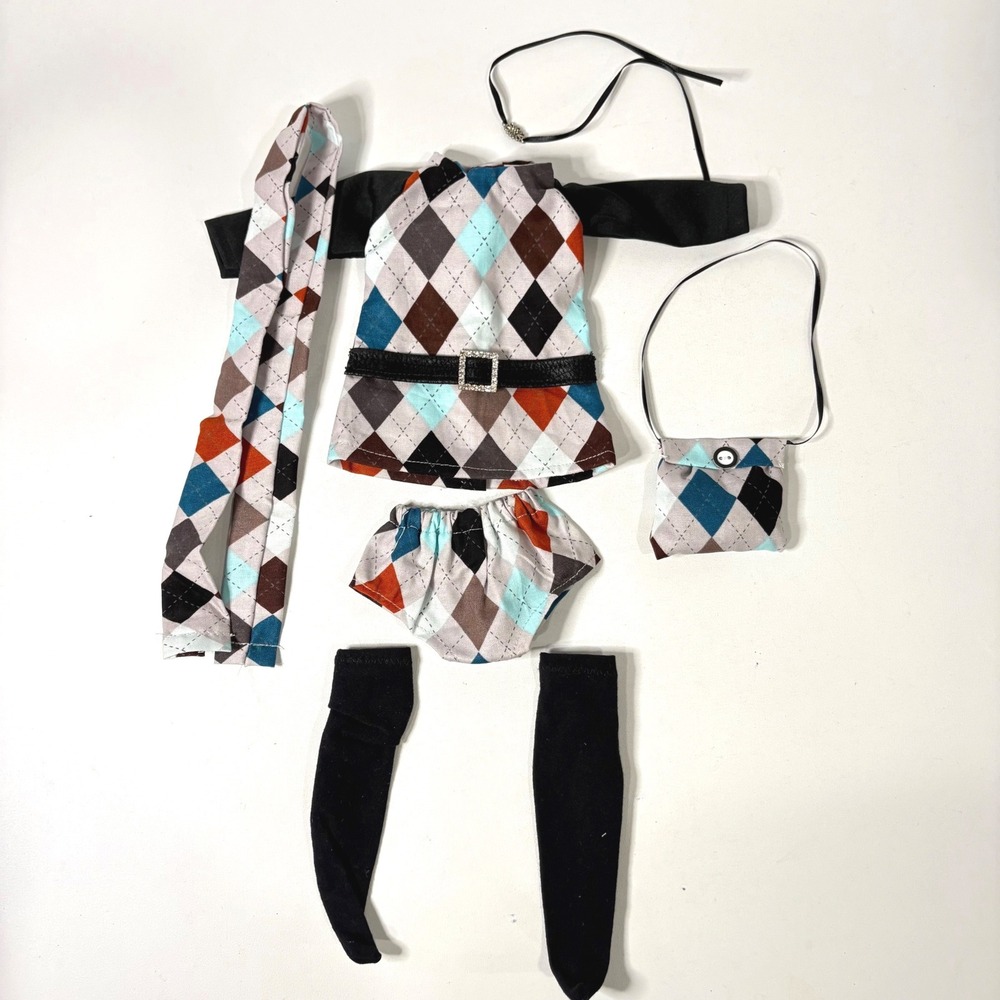 Handmade 14 in Doll Clothes Set Argyle Dress Purse Scarf Socks Choker 6pc Outfit
